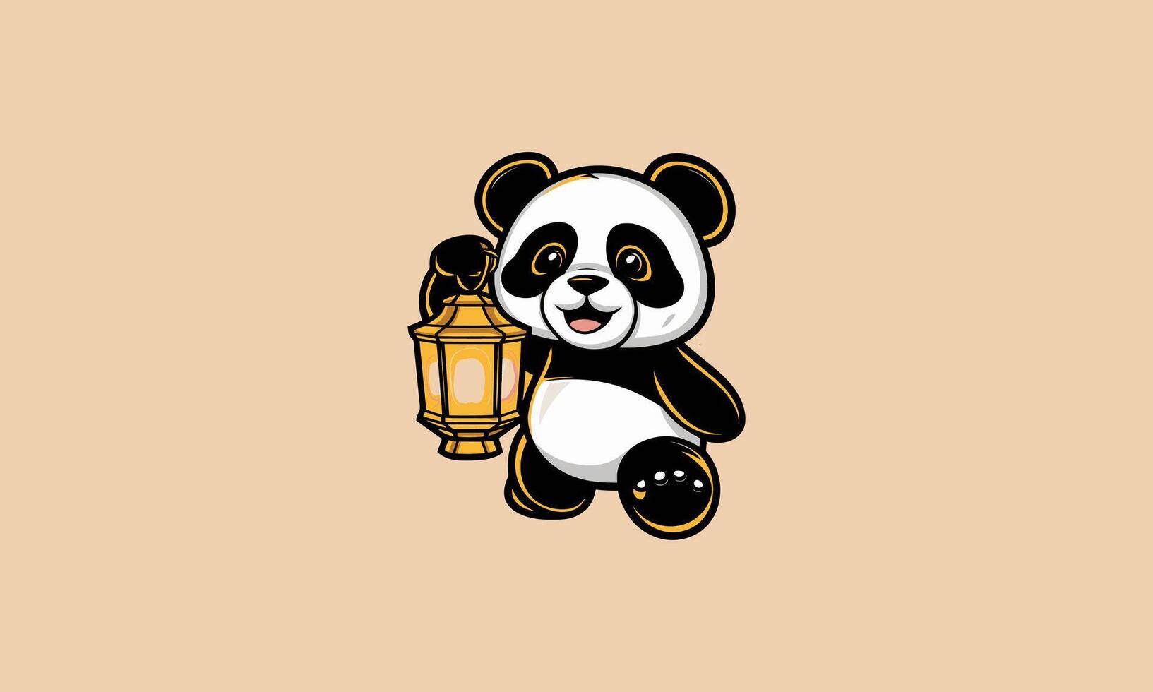 character panda holding lantern flat design vector