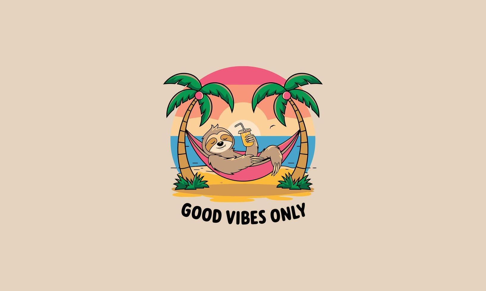 sloth relaxing on hammock with palm beach flat design vector