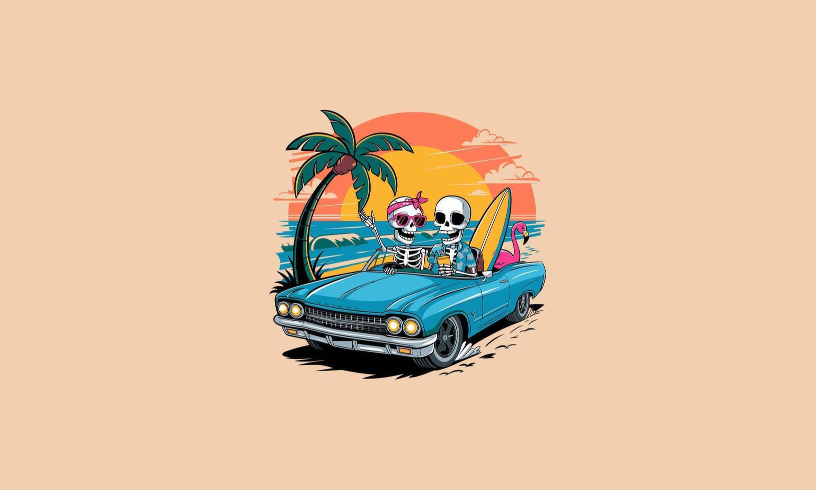 couple skeleton riding classic car on beach flat design vector