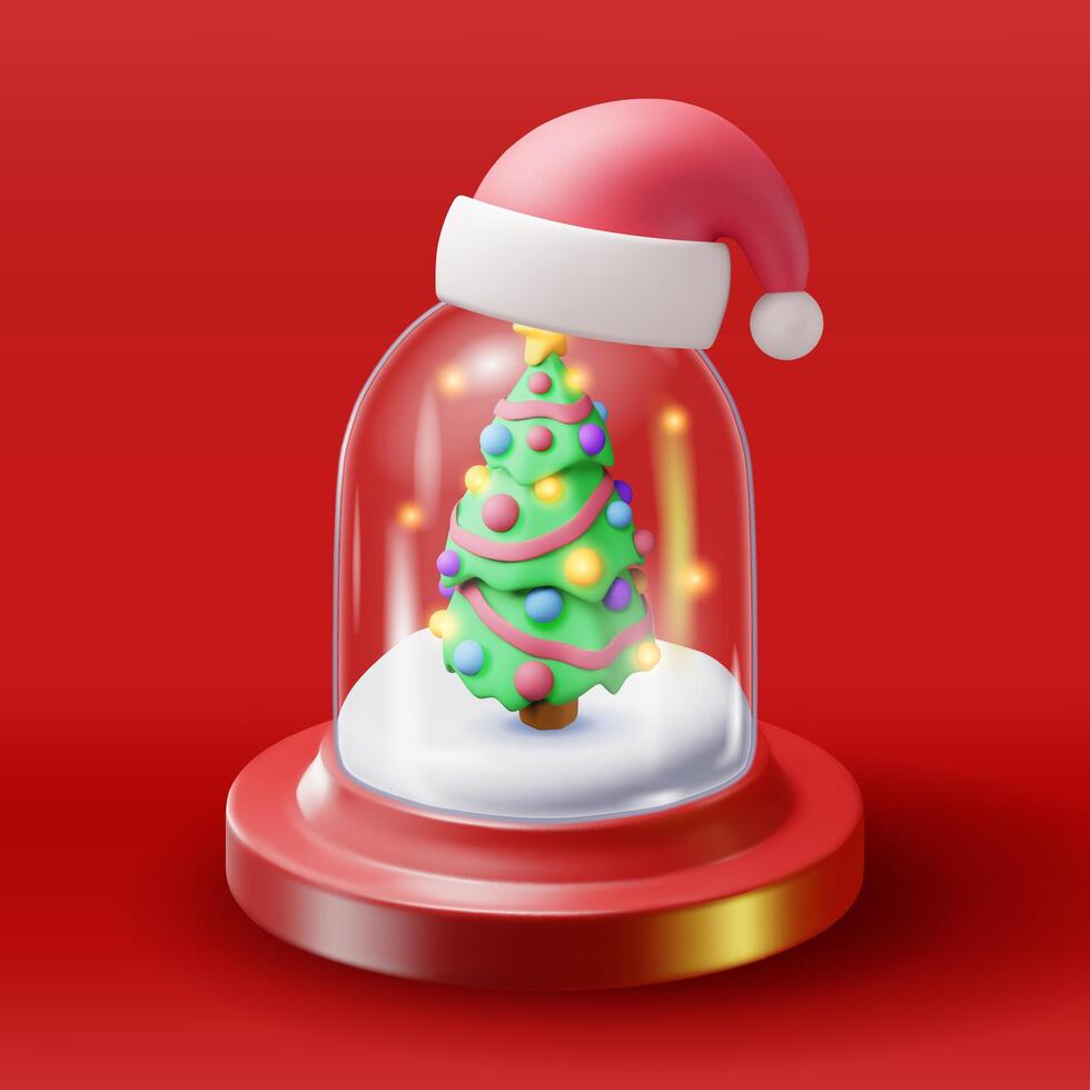 3D glass christmas snow globe with tree isolated. Render spere podium with fir tree vector