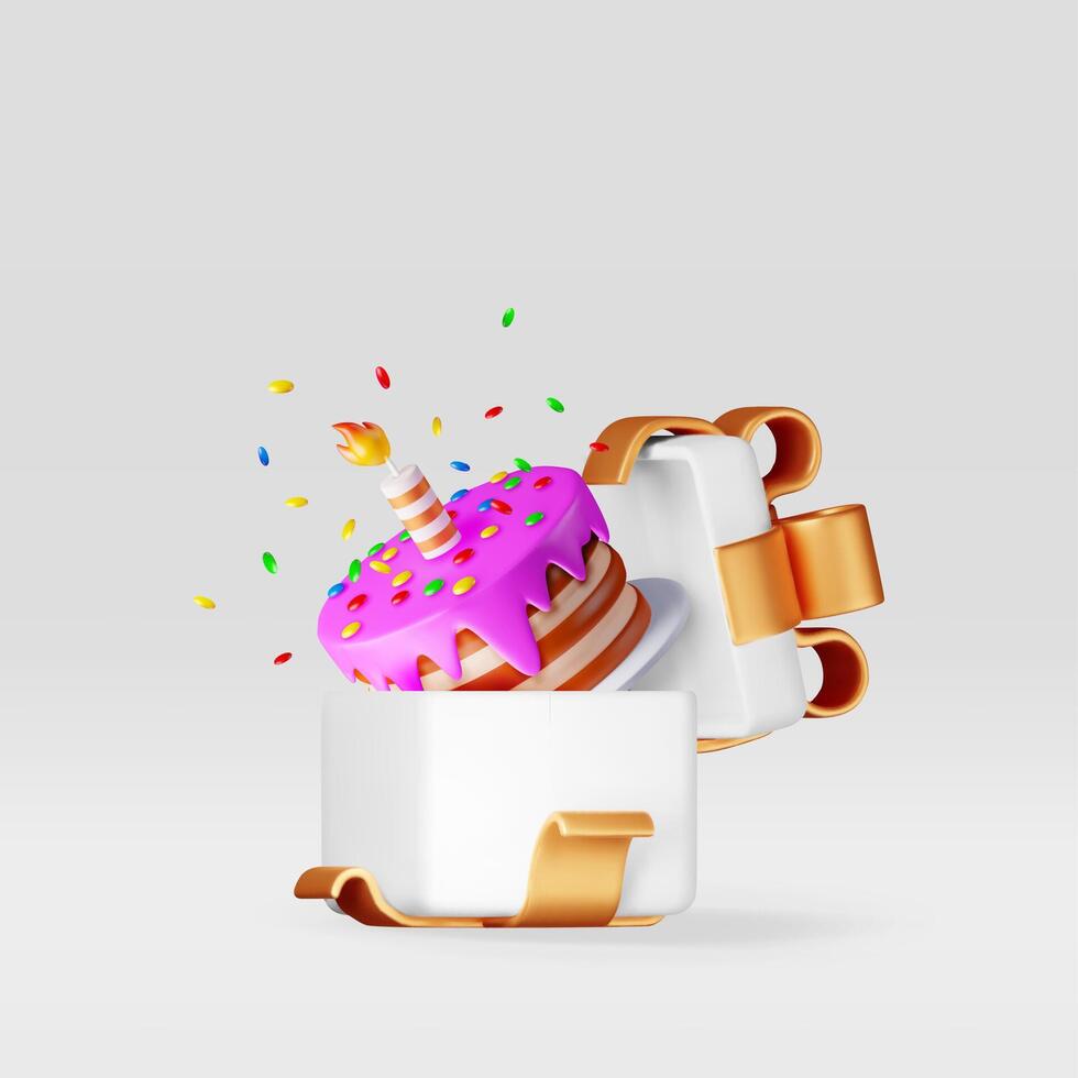 3D cake with candle with confetti in gift box vector