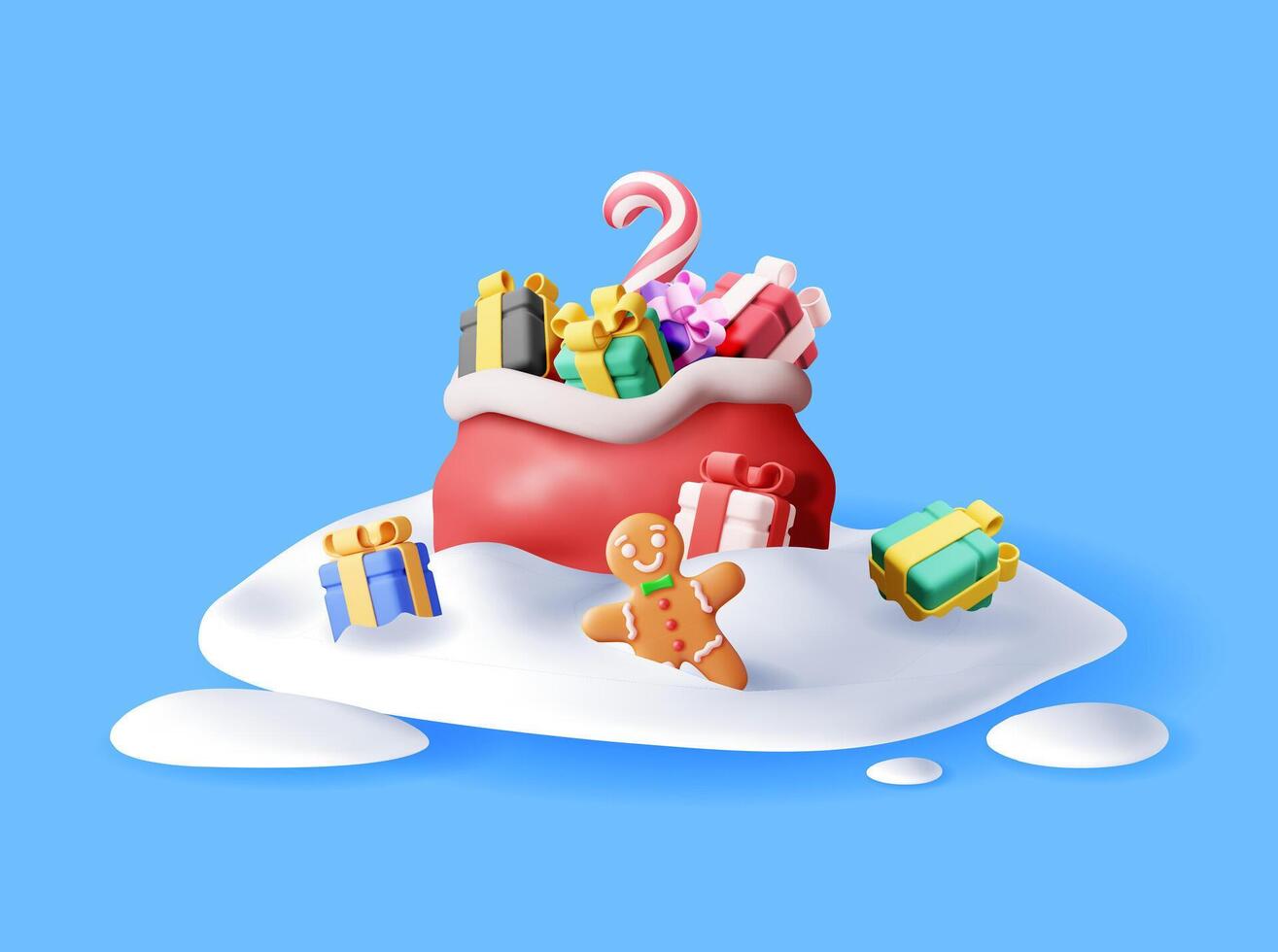 3D open santa claus sack full of gifts in snow. Render red cloth bag for presents vector