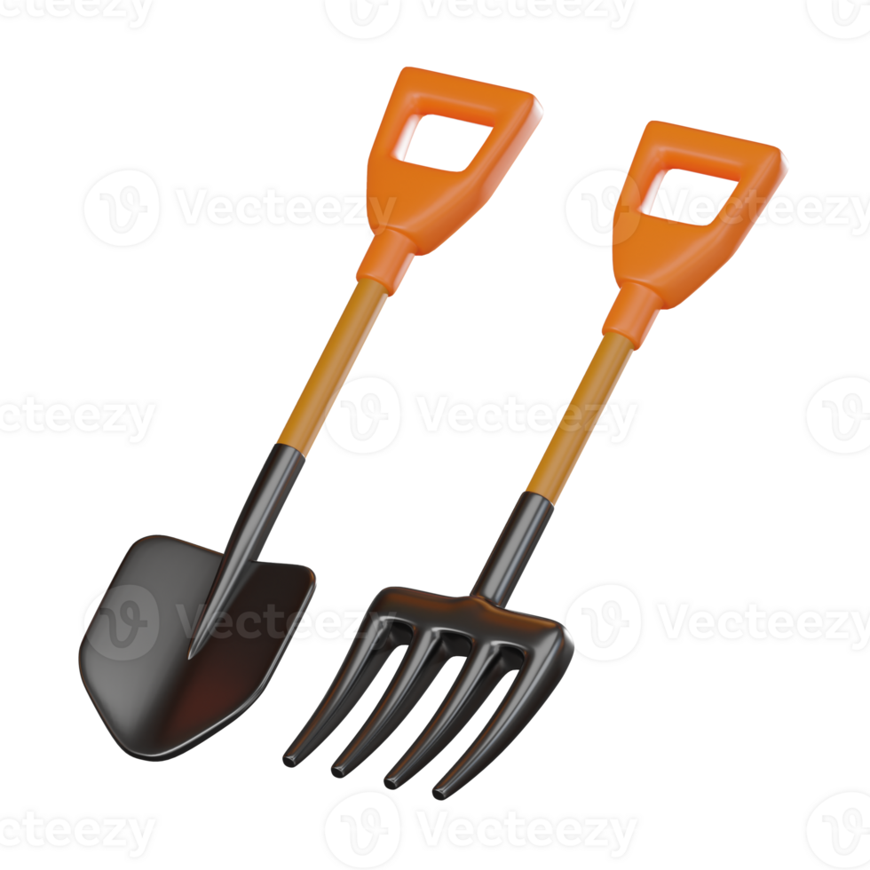 Gardening Tools 3D Illustration, Shovel and Pitchfork Render Icon png