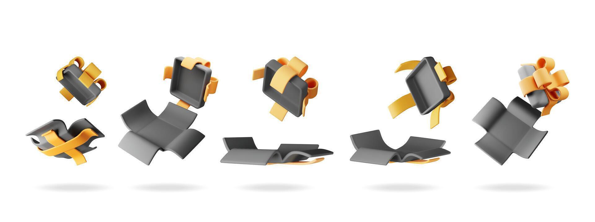 3D open gift box set isolated. Render collection of wrapped box. vector