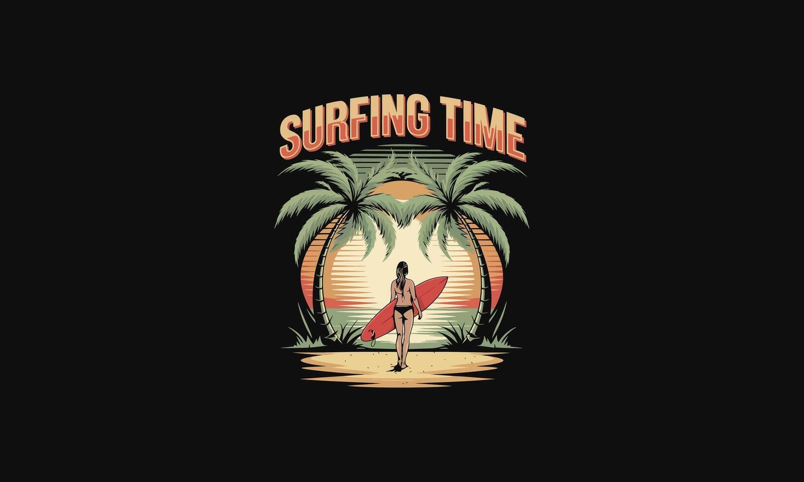 A surfer standing between palm trees, ready for sunset surfing. vector