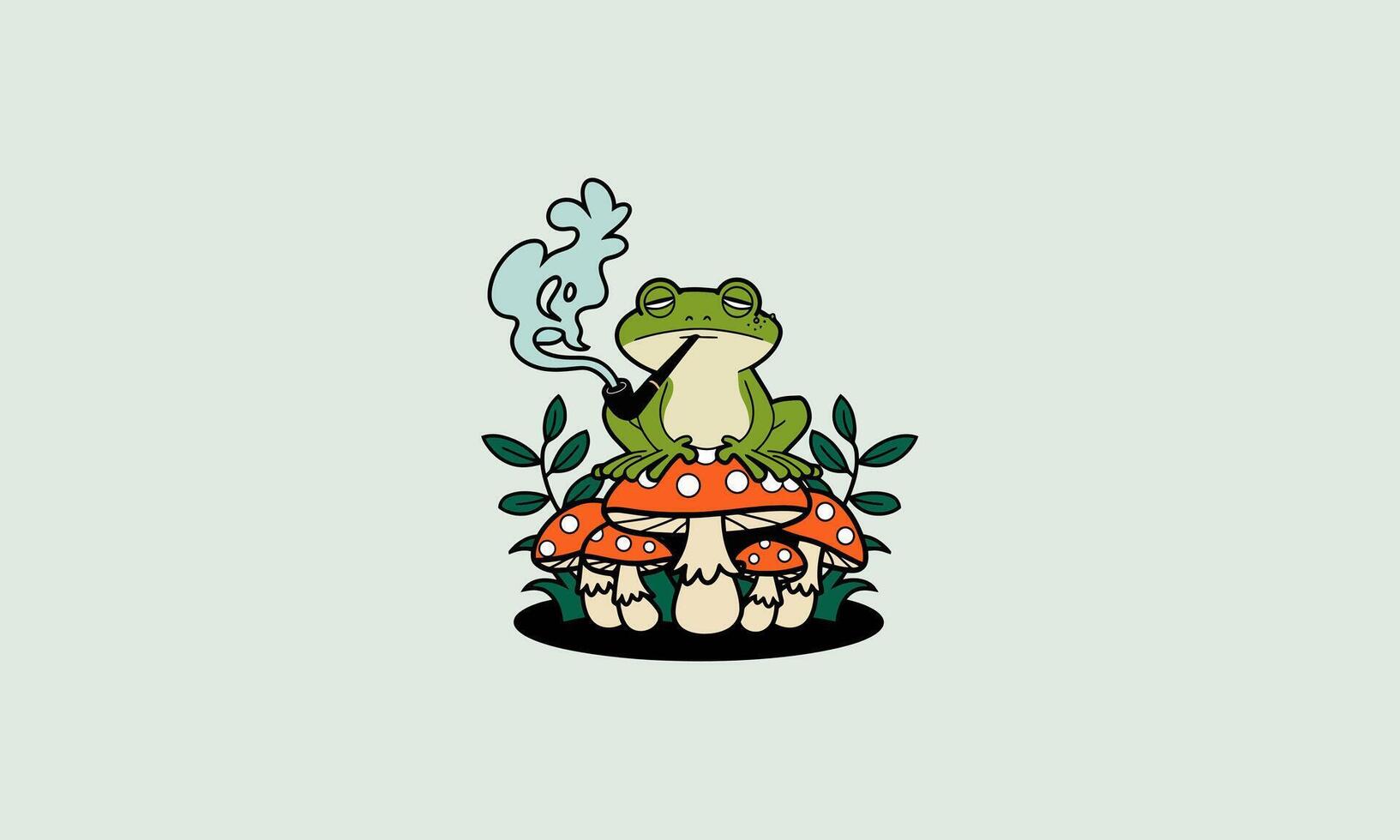 A relaxed frog smoking a pipe on mushrooms. vector