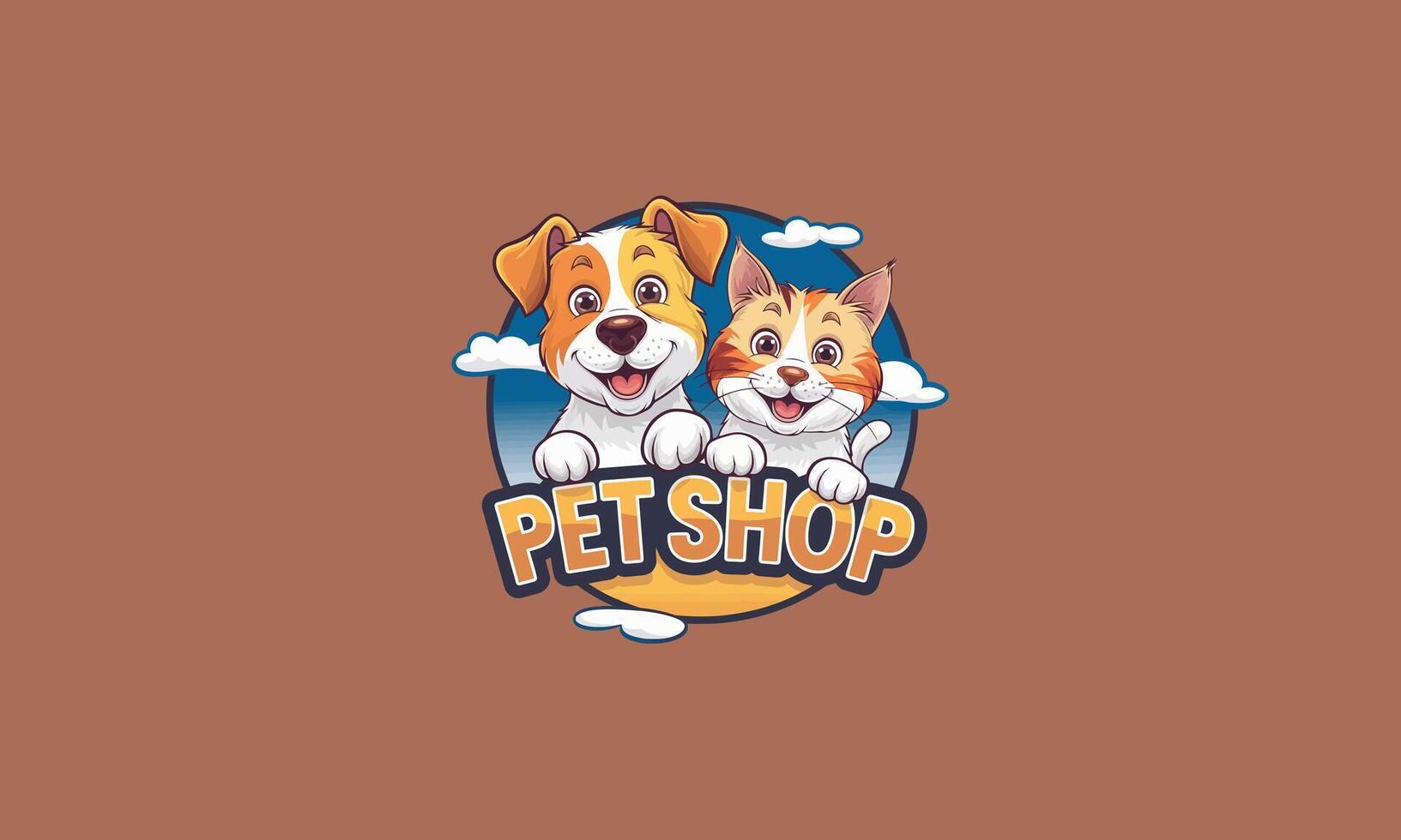 A happy dog and cat above the text Pet Shop logo vector