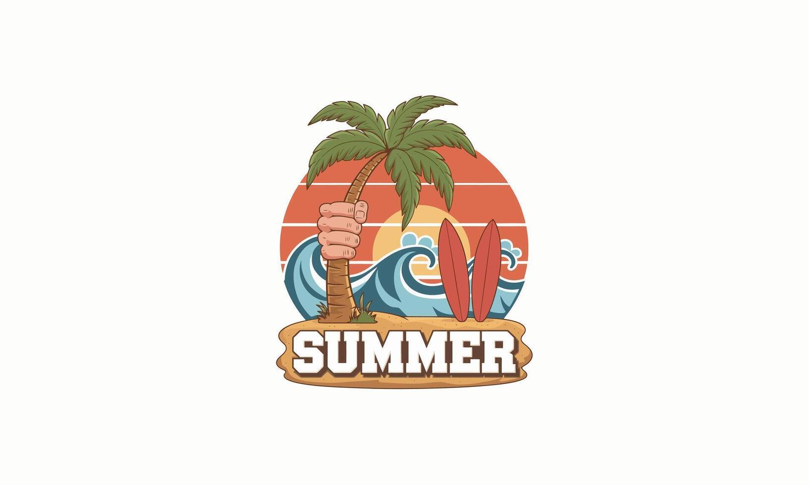 Palm tree, surfboards waves, and sunset with Summer text below vector