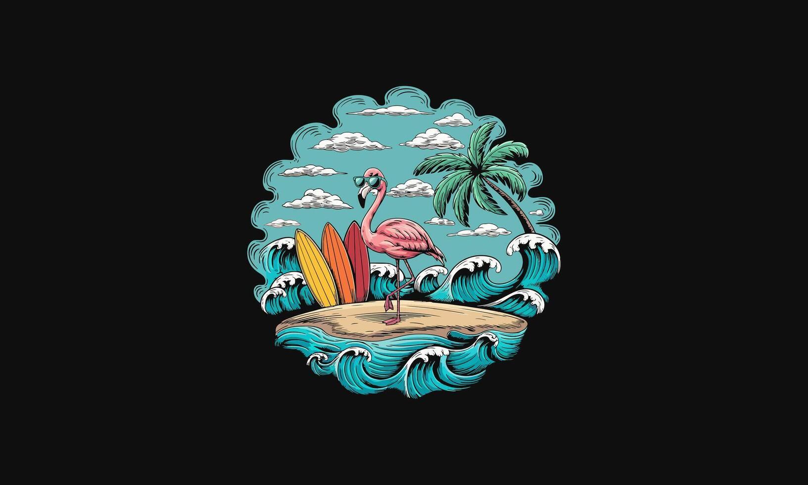A flamingo with sunglasses standing on a surf themed tropical island. vector