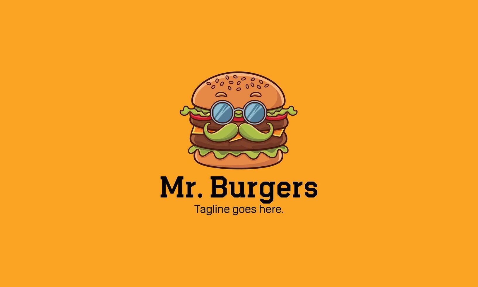 A burger character with glasses and mustache, playful restaurant logo. vector