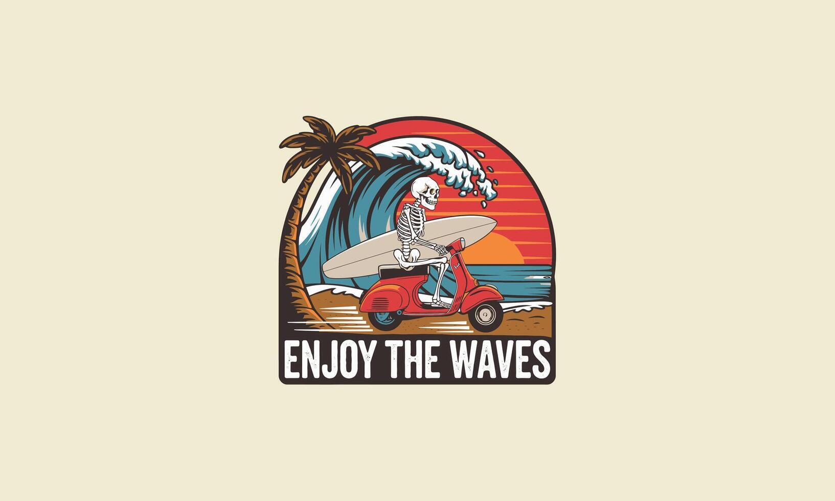 skeleton riding scooter on beach with surf board flat design vector