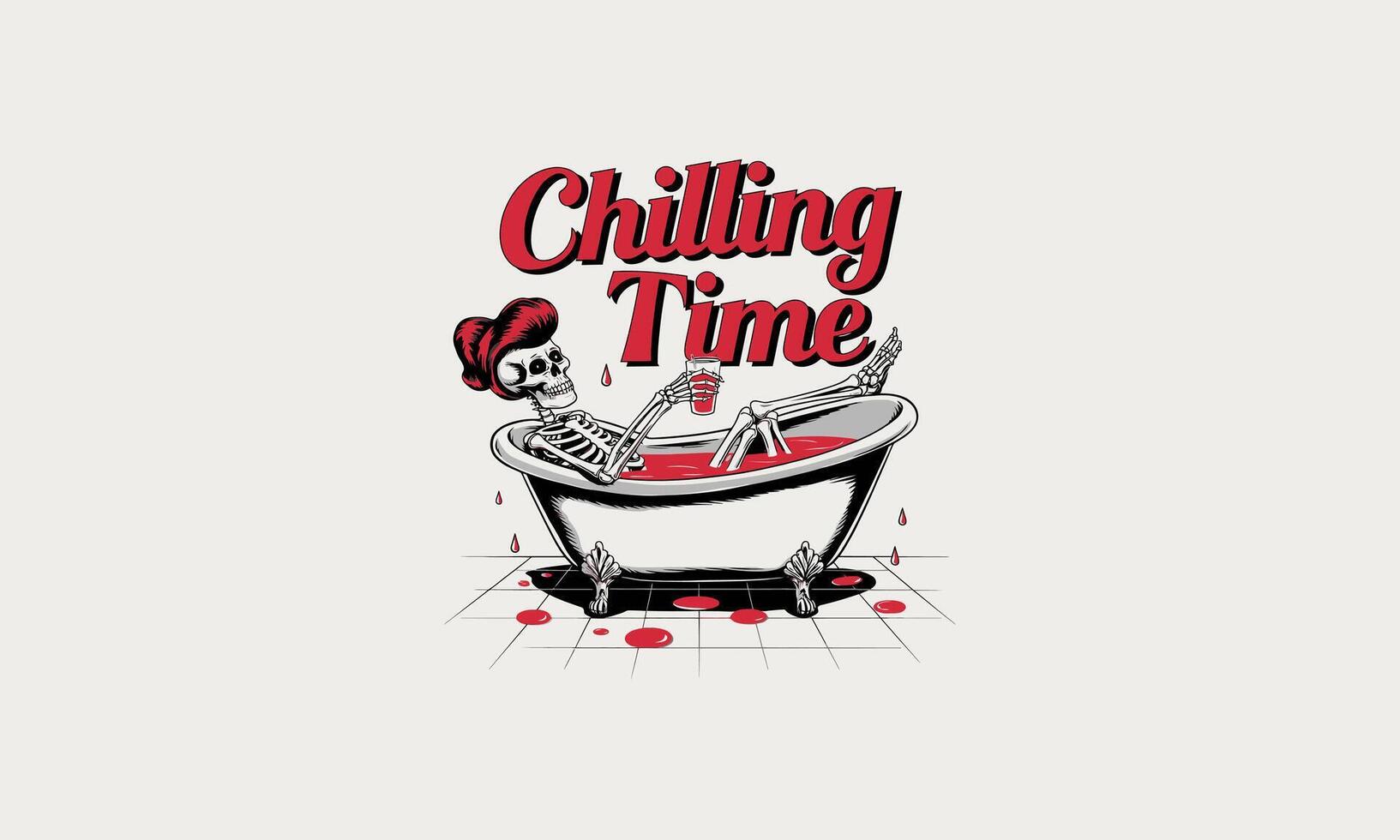 Skeleton relaxing in a blood filled bathtub, enjoying chilling time. vector