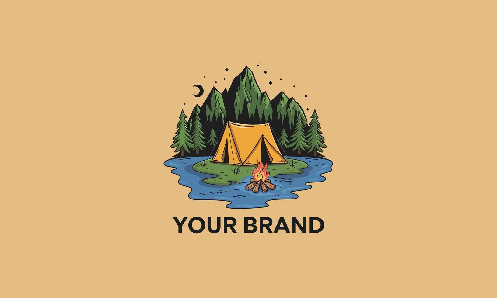 A tent and campfire by a river, surrounded by mountains. vector