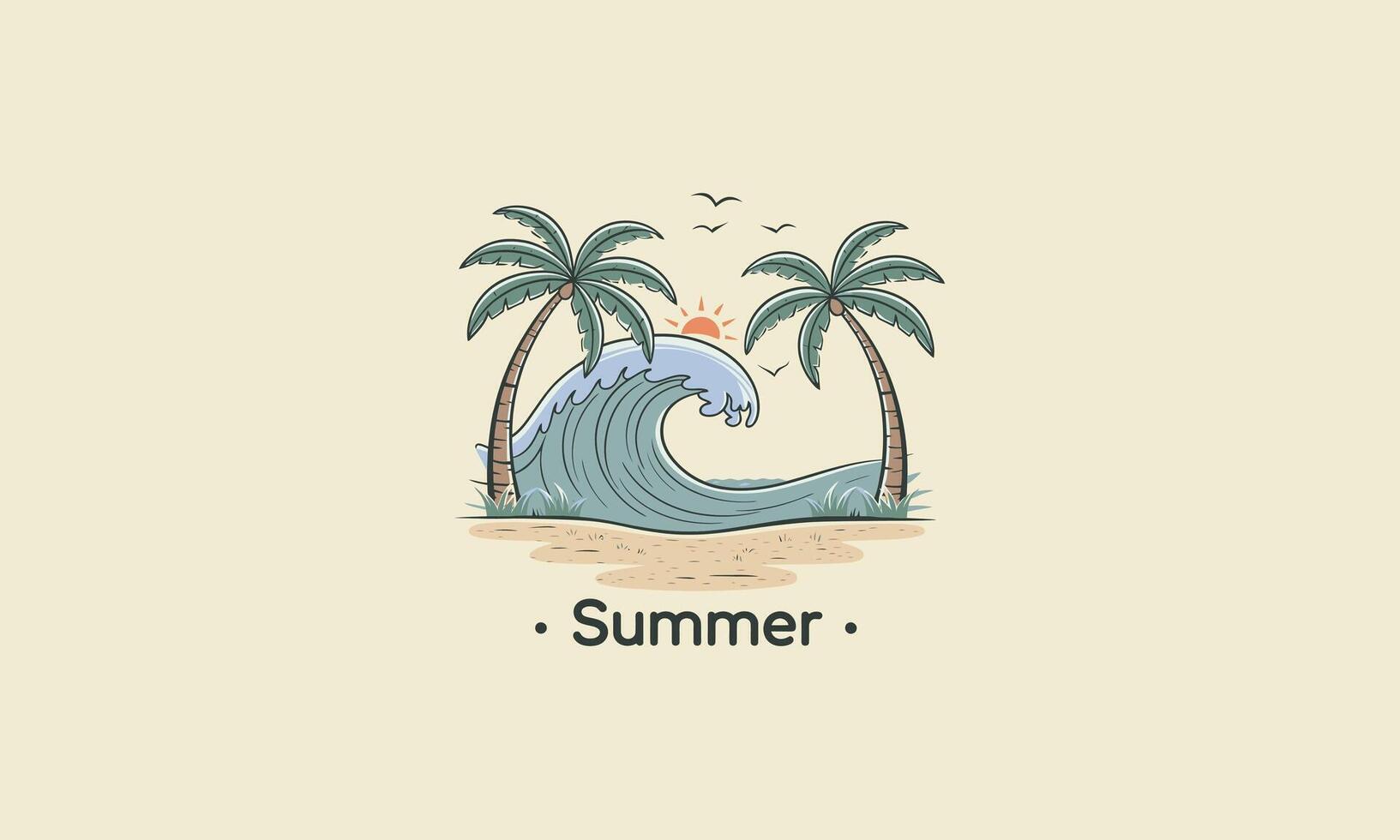 view palm with waves sunset illustration flat design vector