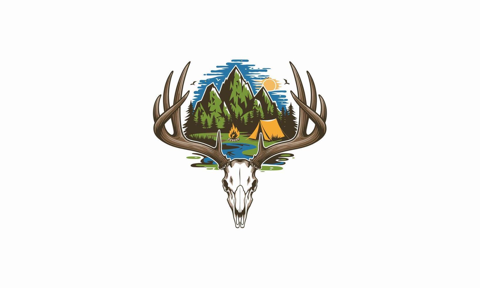 graphic features a deer skull with large antlers, within which a vibrant camping scene is depicted vector