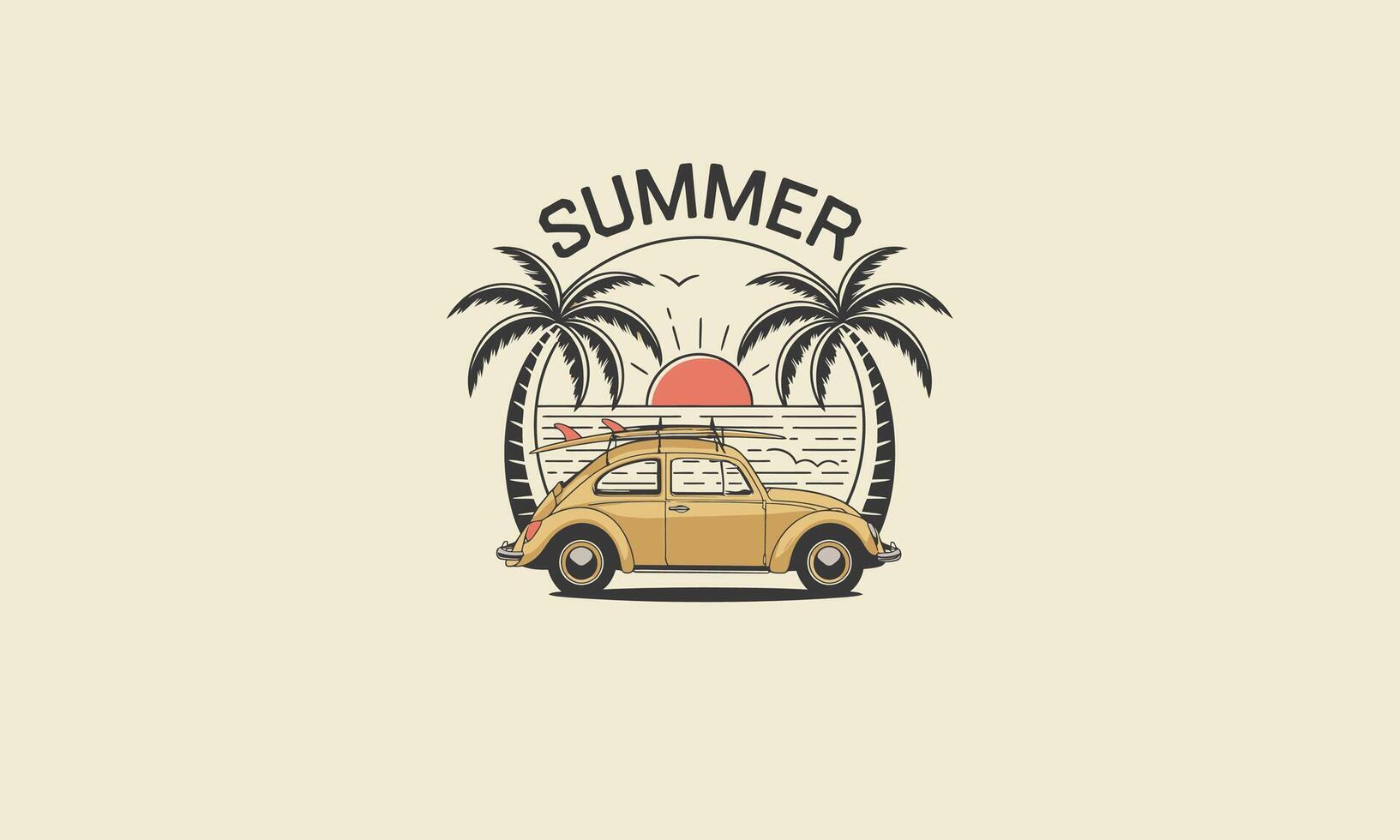 classic car on beach with palm sunset flat design vector