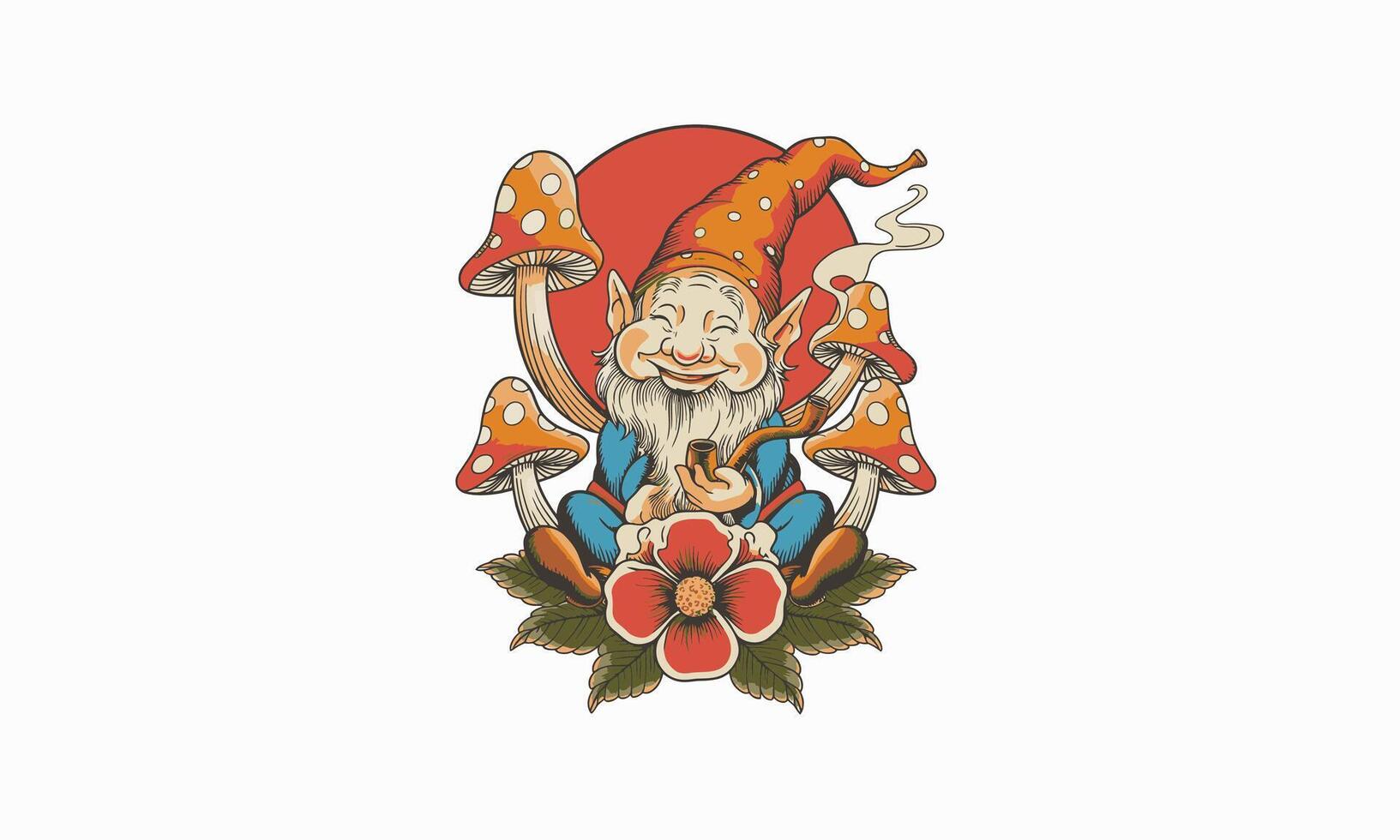 A gnome with a pipe, surrounded by mushrooms, smiling peacefully. vector