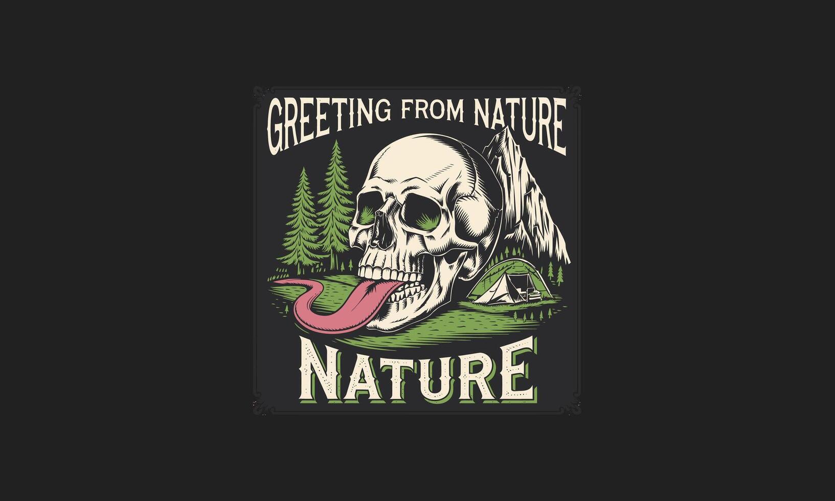 A skull with a long tongue amidst a dark nature scene. vector