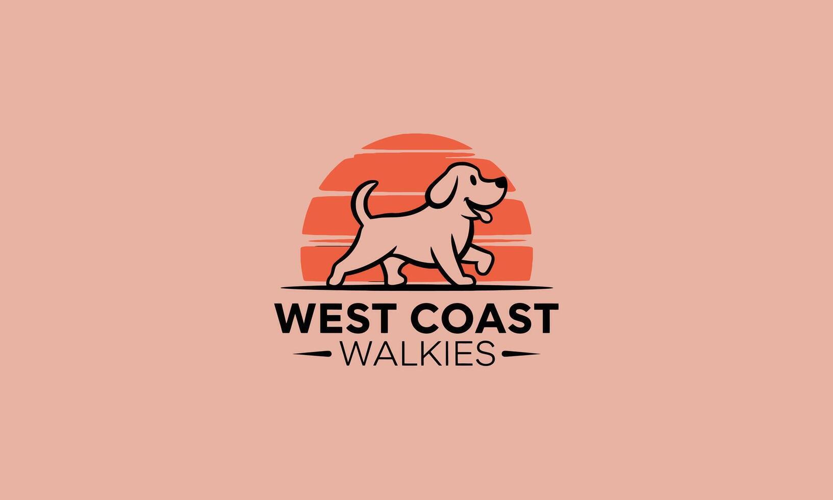 A happy dog walking in front of a sunset, representing a dog-walking service. vector