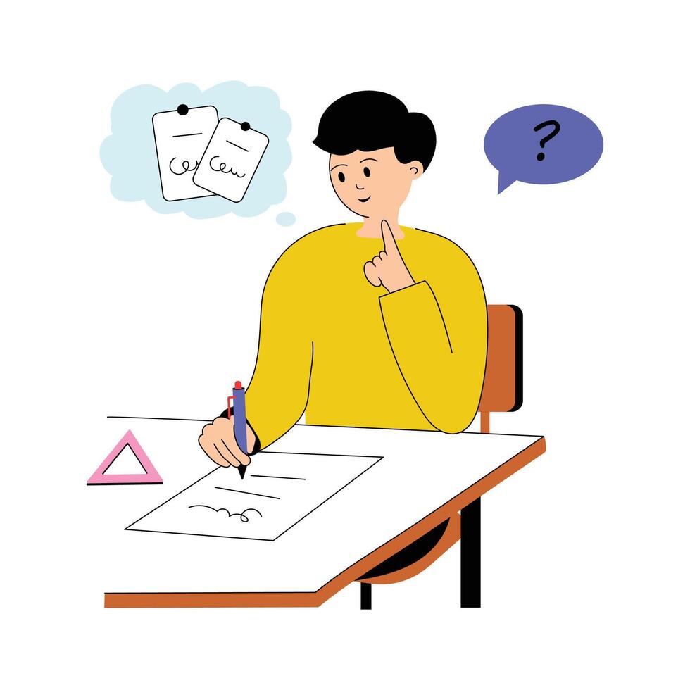 An illustration of a confused student during an exam, thinking about the answers vector
