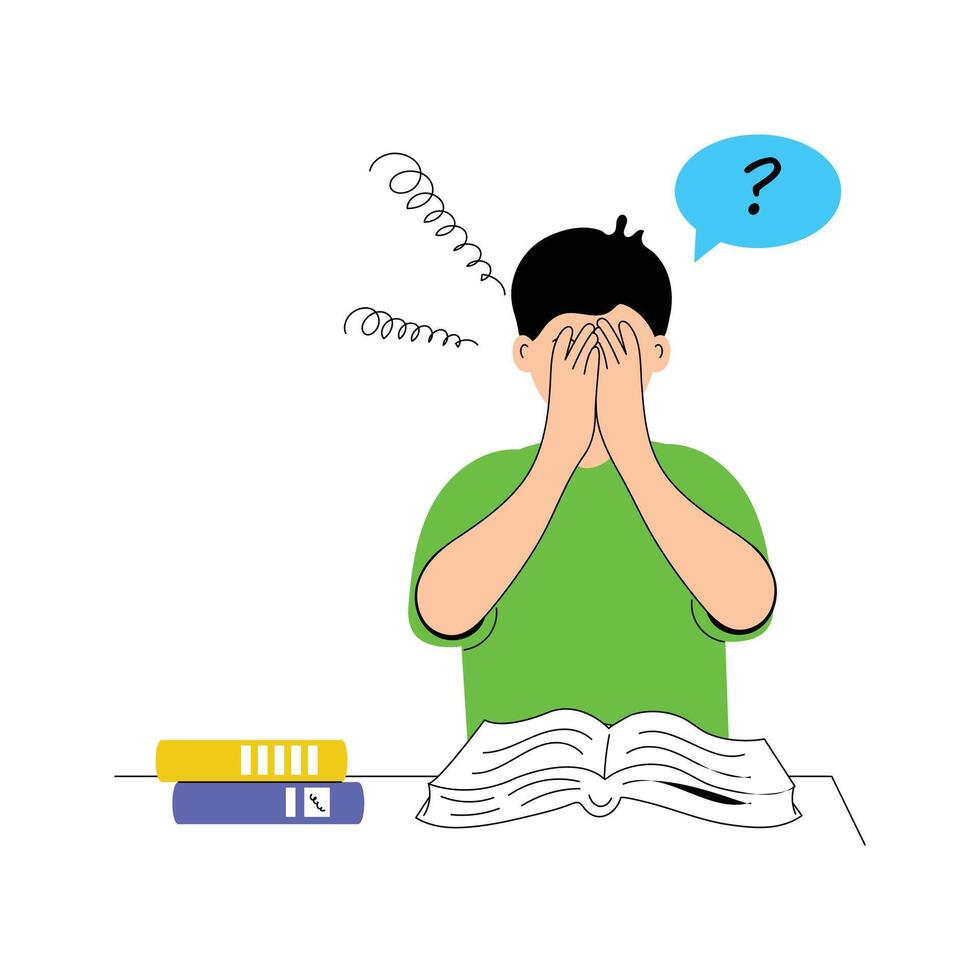 A confused student while studying, Study pressure illustration vector