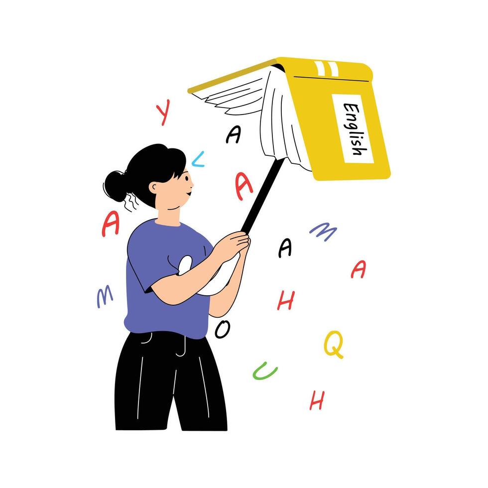 A student holding an English book with letters flying around vector