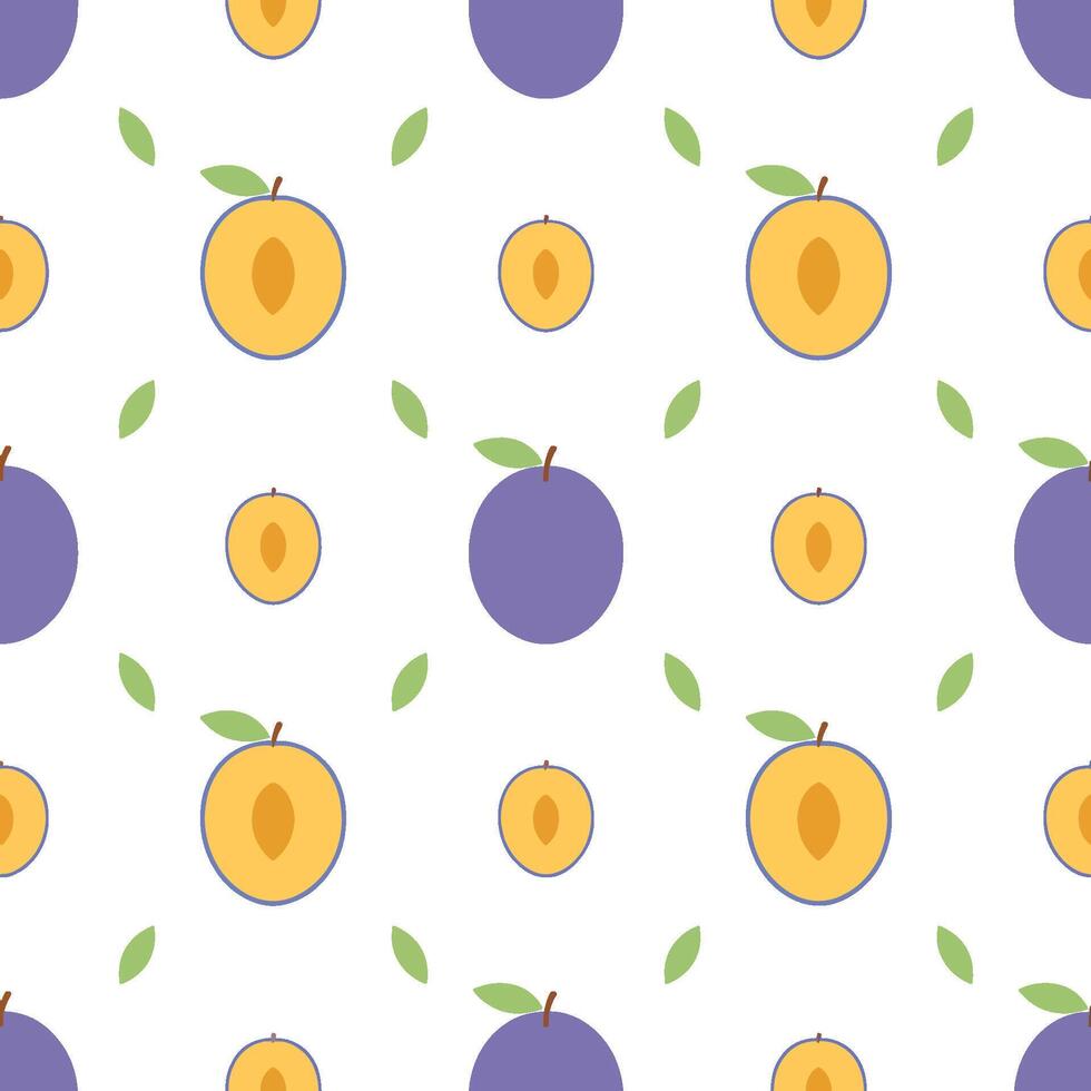 Seamless pattern of cute plum slice, white background vector