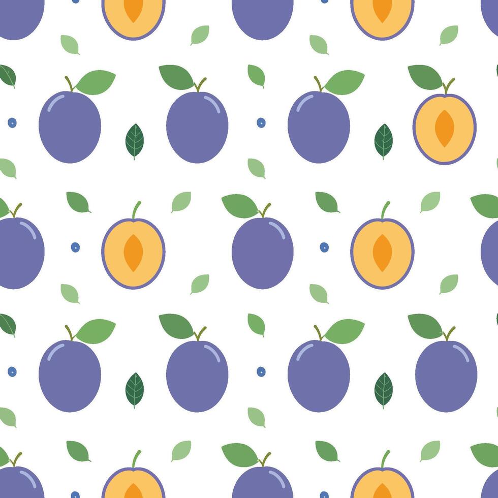 Seamless pattern of violet cute plum, white background vector