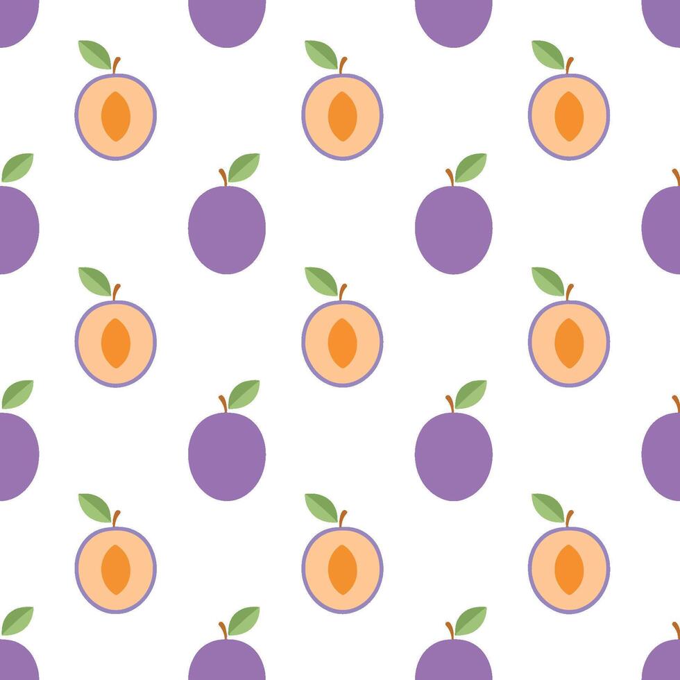 Seamless pattern of Violet cute plum slice, white background vector
