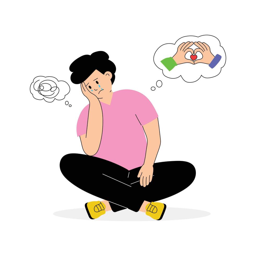 Reflecting deeply on love and emotions, illustration of an overthinker vector