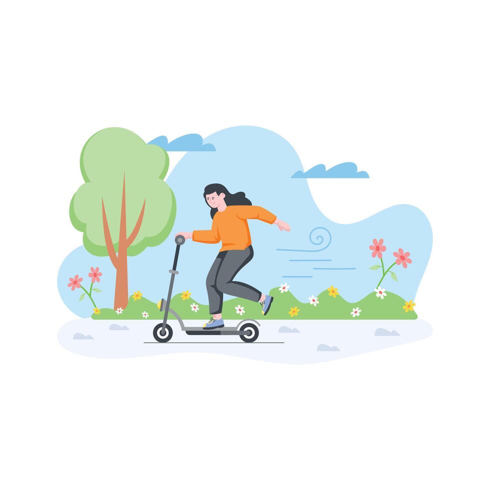 A girl riding a scooter in spring season flat illustration vector
