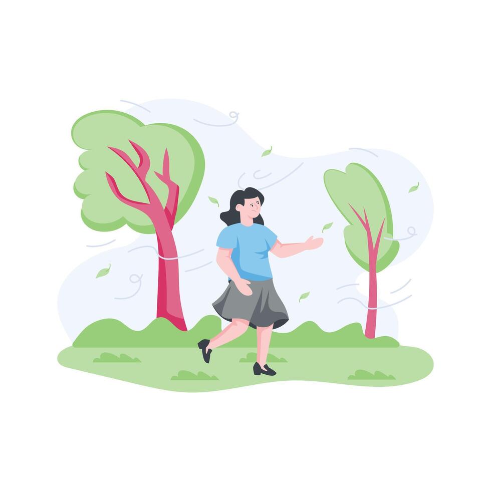 A girl enjoying windy season, flat illustration vector