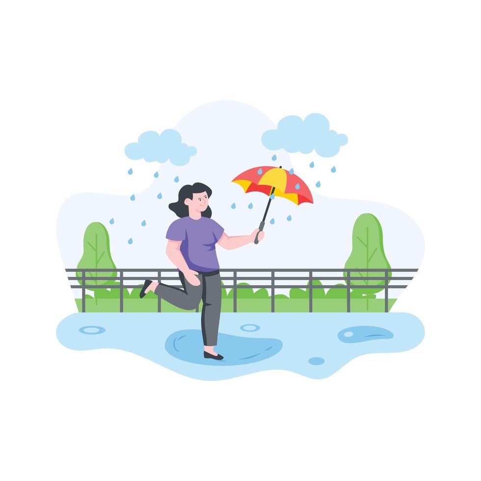 A girl walking in rain, happy woman flat illustration vector