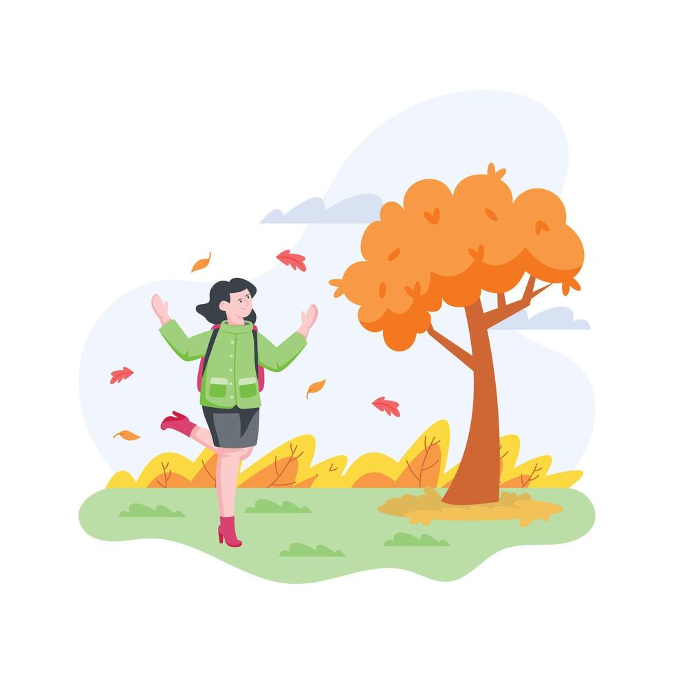 A woman plays with falling autumn leaves, autumn season flat illustration vector