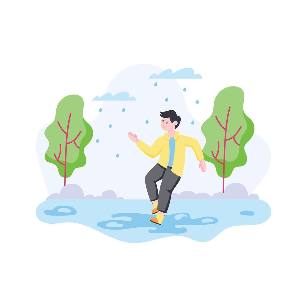 A boy walking in rain, happy man flat illustration vector