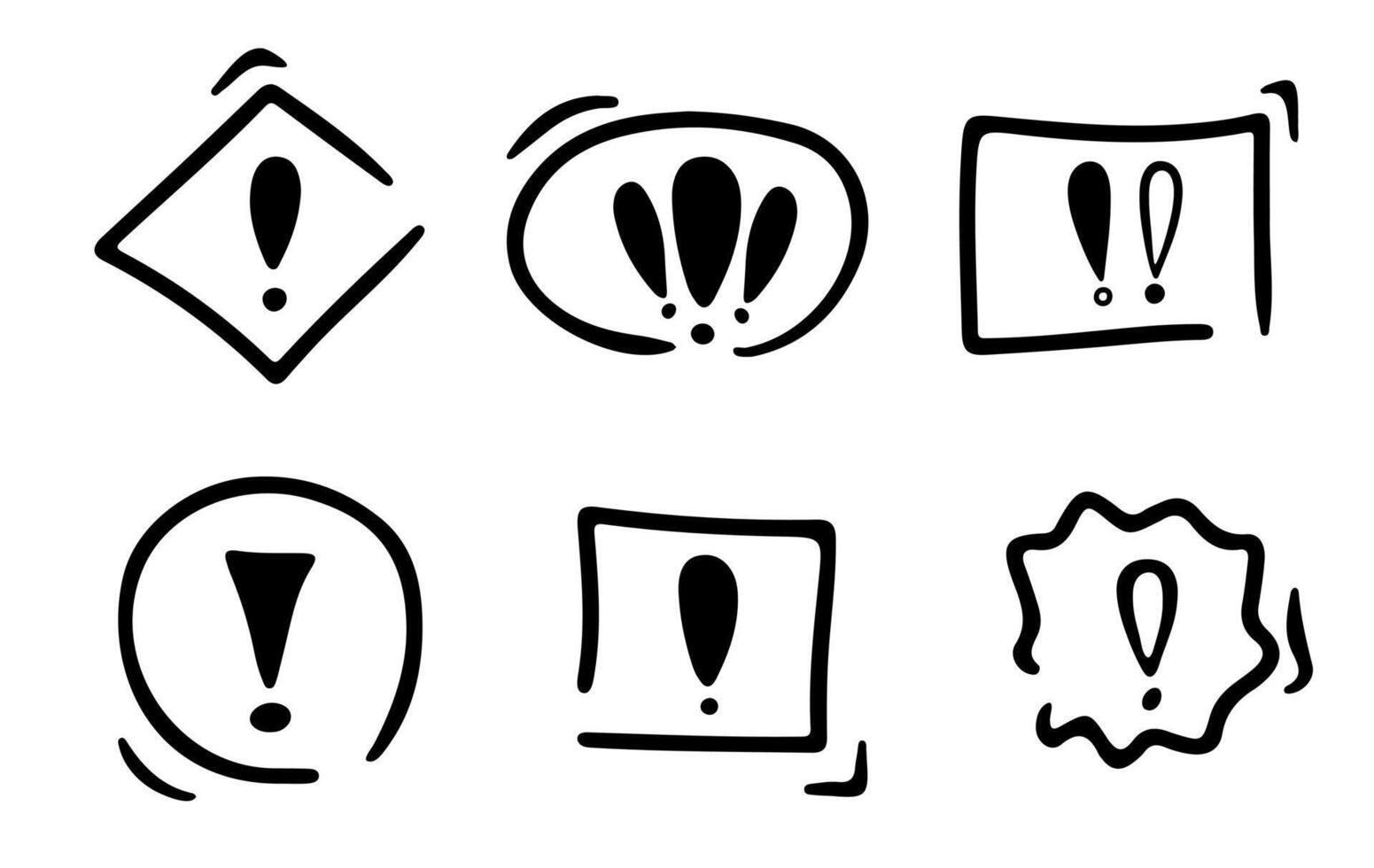 Doodle exclamation mark set. Notification, alert danger information sign set. Scribble hand drawn doodle exclamation point, stop warning sign. vector