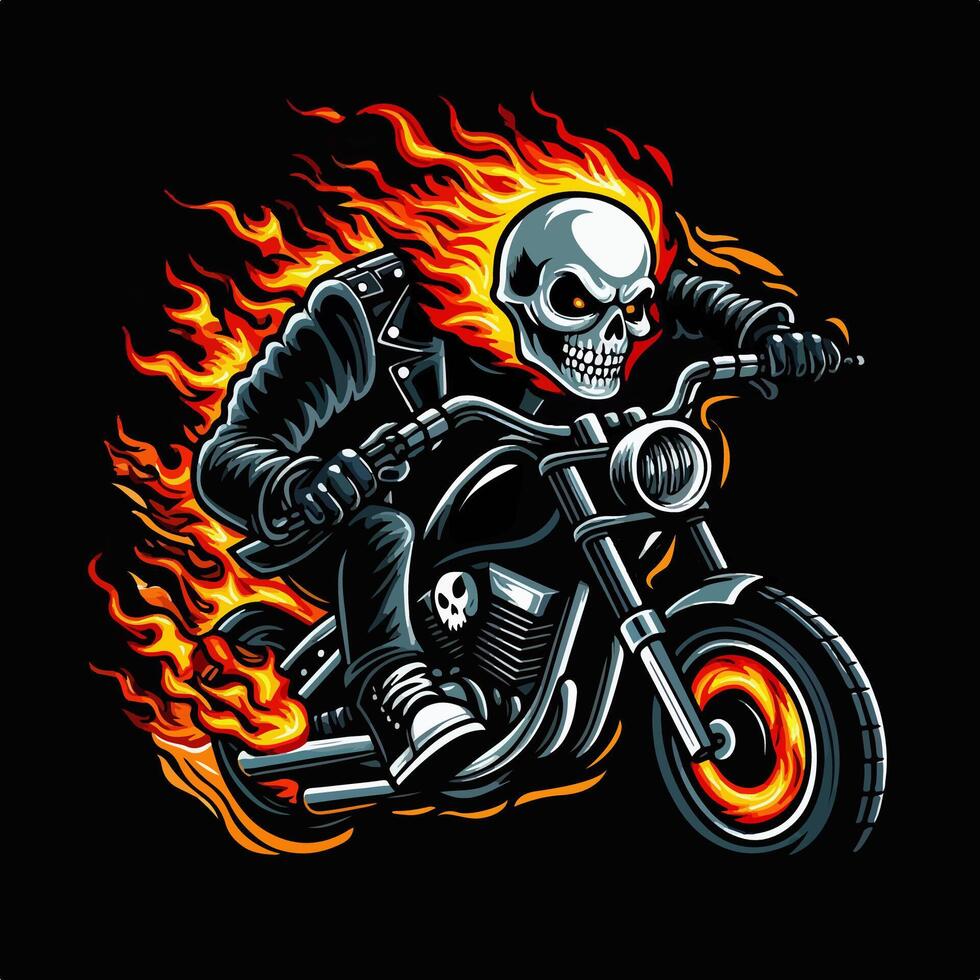 The skull skeleton ghost riding motobike with flame illustration vector