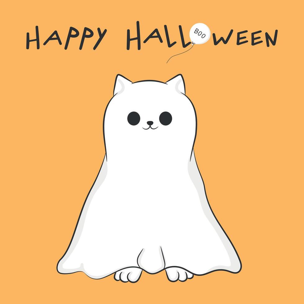 Happy Halloween greeting card with cute ghost cat. Cat in a ghost sheet vector