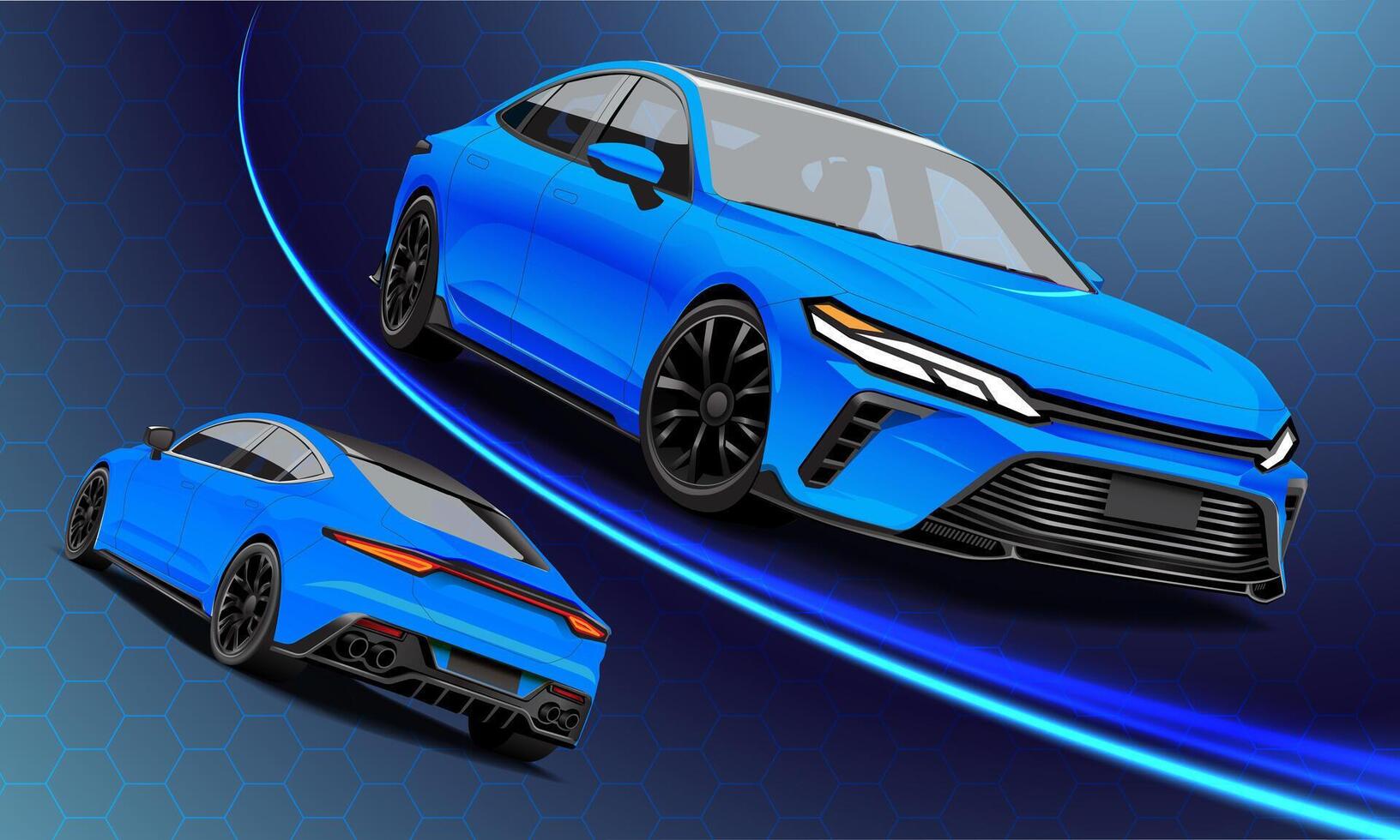 Realistic blue car sport front and black view transportation on geometric background vector