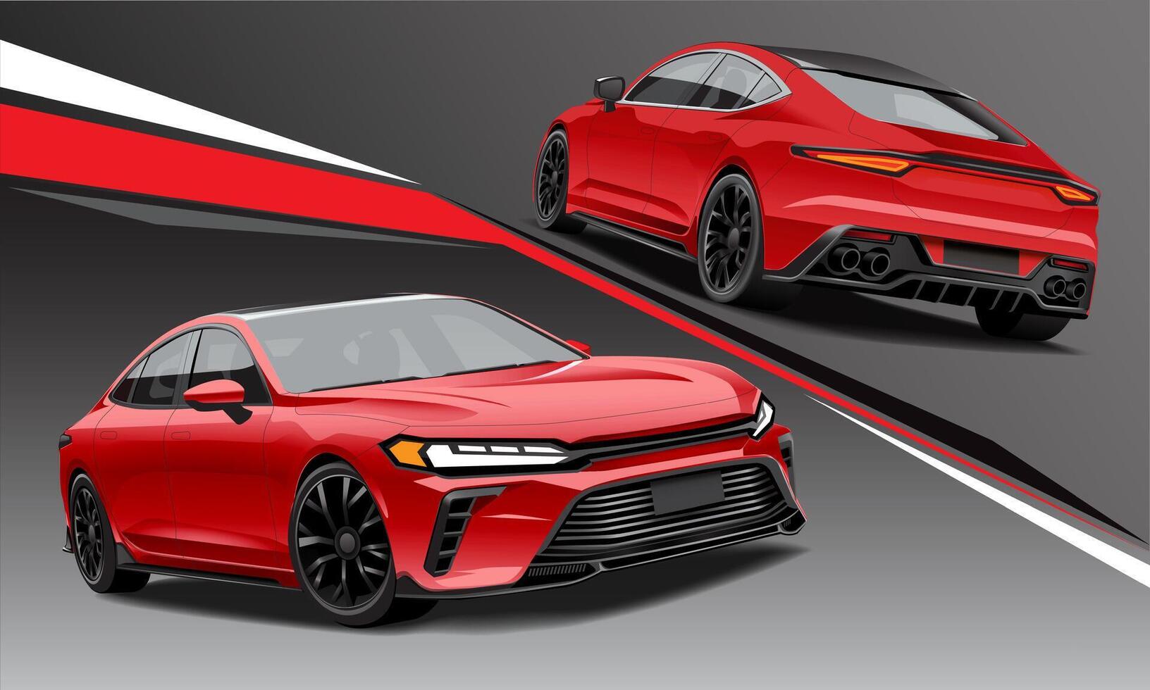 Realistic red car sport front and black view transportation on geometric background vector