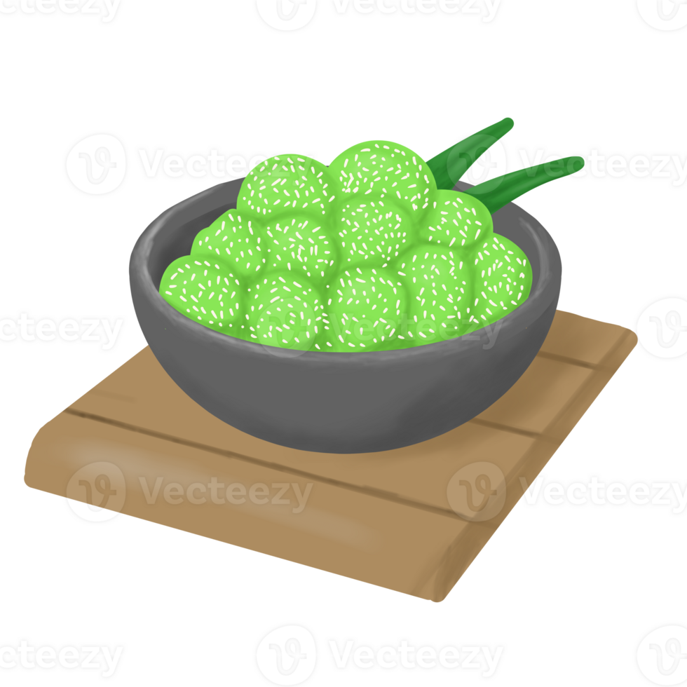 illustration of traditional food, green cake with a round shape sprinkled with grated coconut, with brown sugar filling png