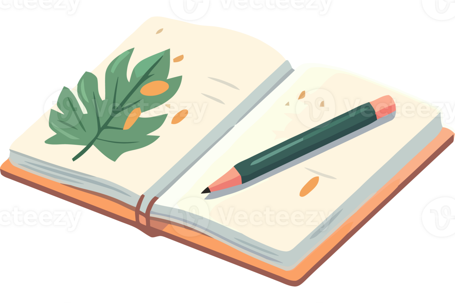Open notebook with pencil and leaf png