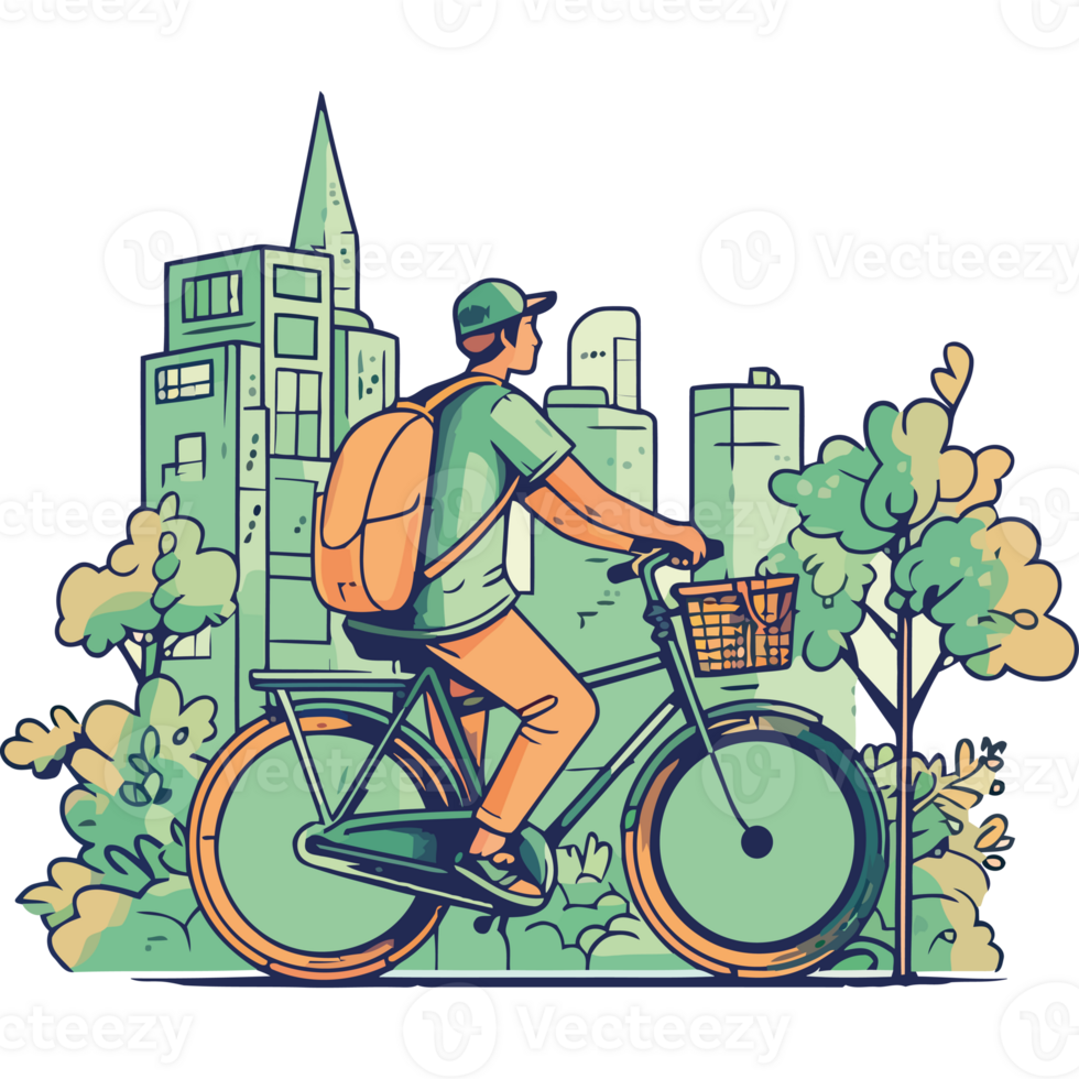 A man riding a bike with a backpack and a city skyline in the background png