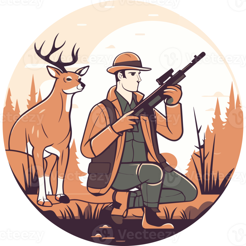 Hunter with rifle and deer in forest png