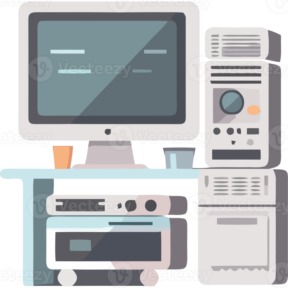 Computer desk with monitor, keyboard, mouse and other items png