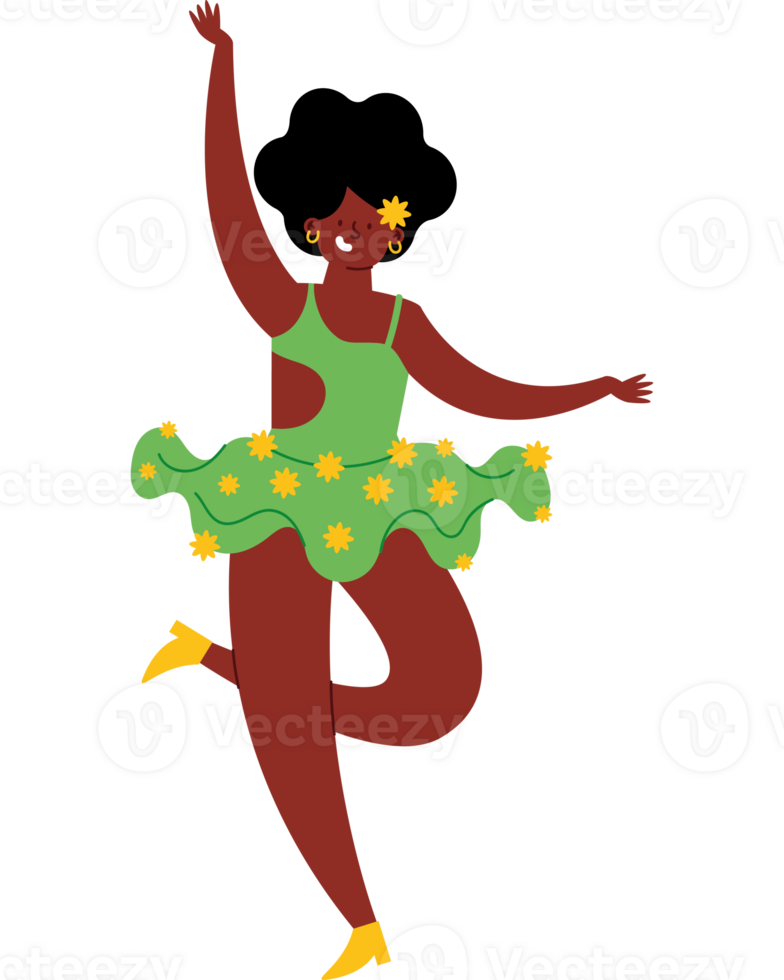 A cartoon black woman in a green dress and yellow flowers png