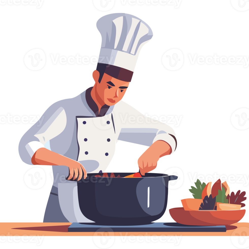 Chef cooking food in a pot on the stove png