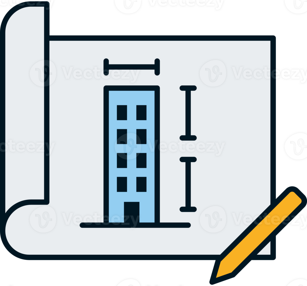 A building on a blueprint with a pencil and a pencil png