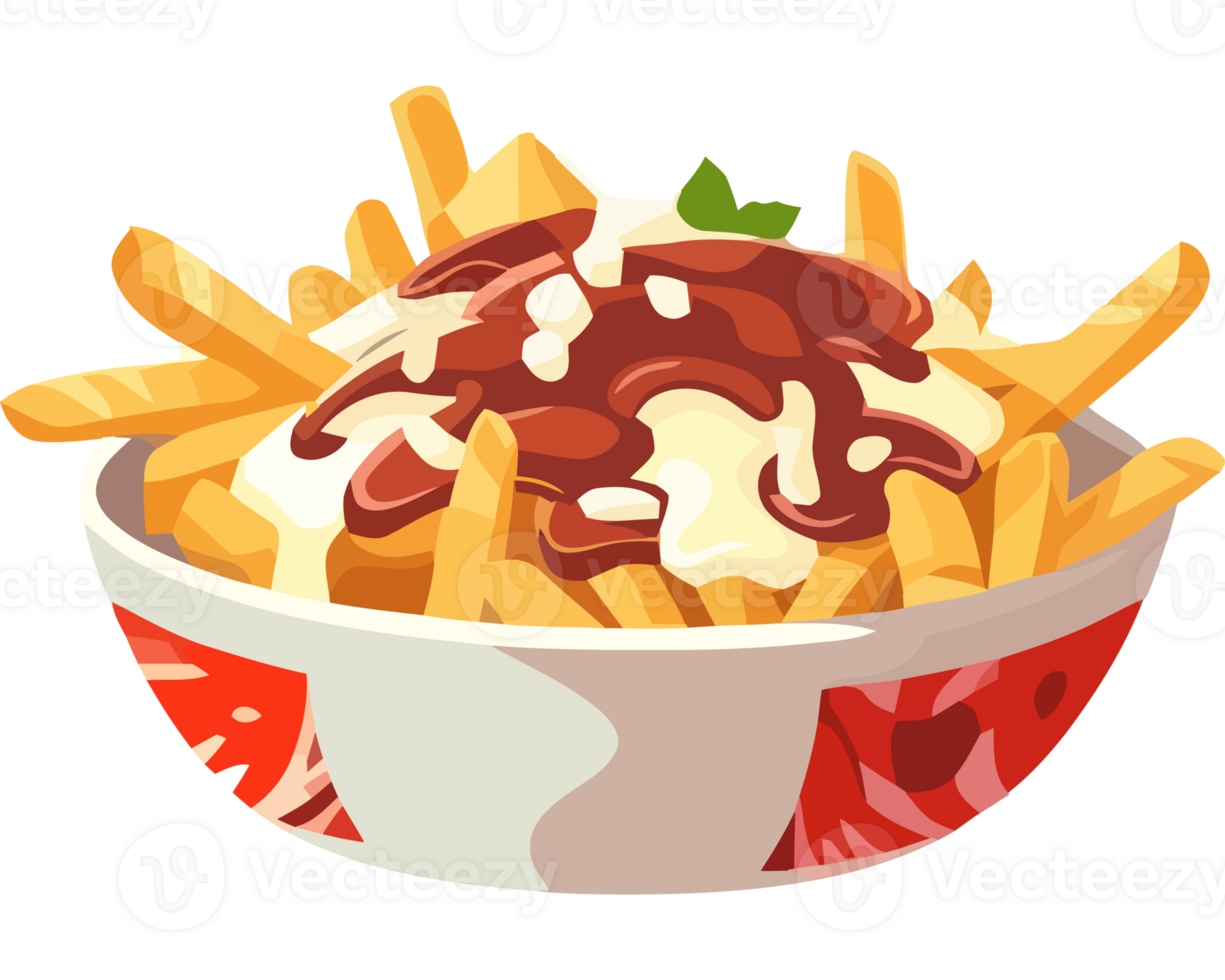 French fries in a bowl with sauce and cheese png
