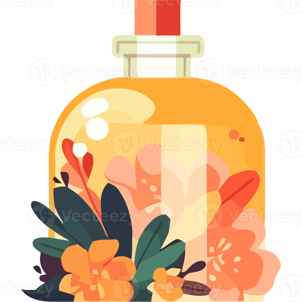 An illustration of a bottle with flowers and leaves png
